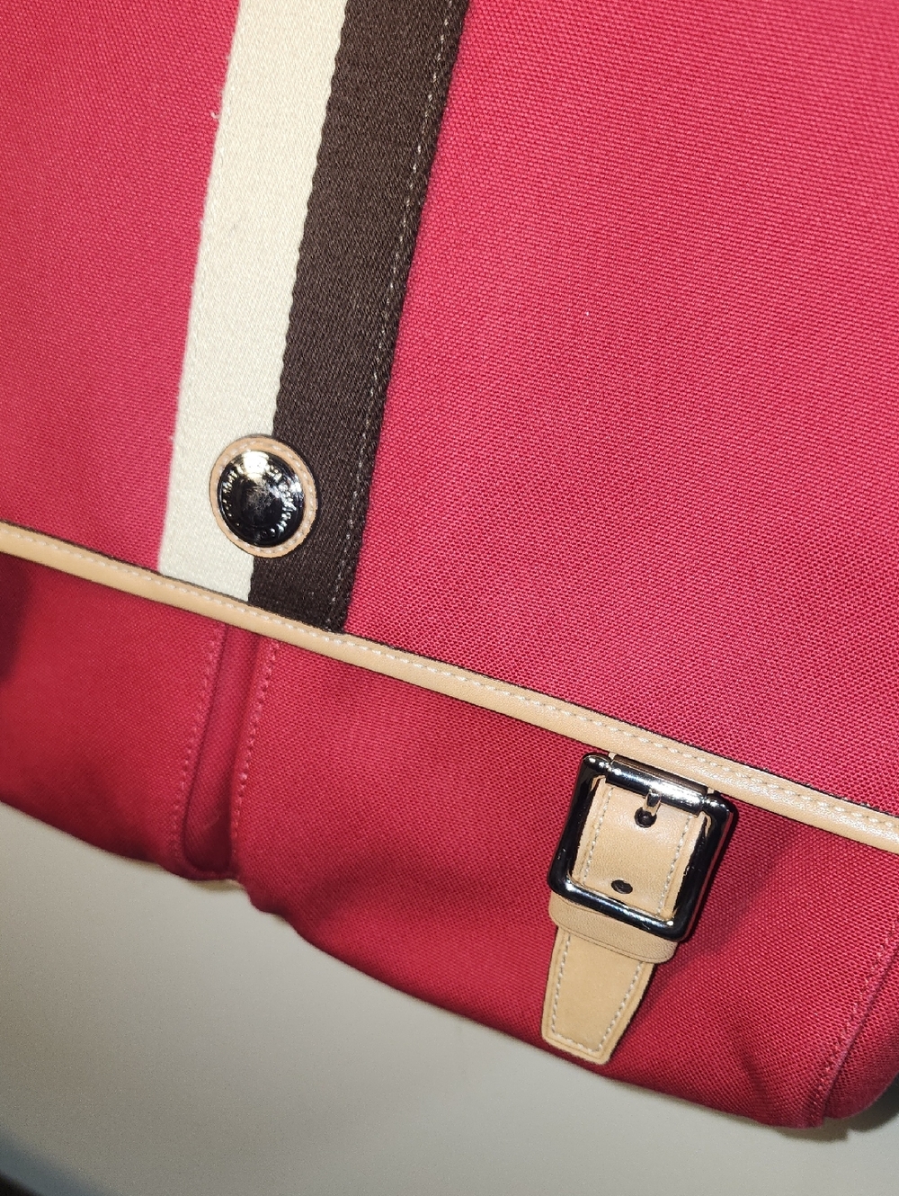 Coach Leather Red Canvas Messenger Bag Cream Trim Striped Accent Business Tote - Picture 3 of 16